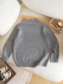 Sweater Rajut Lengan Panjang Kerah Tinggi Warna Abu-abu Polos Sederhana untuk Anak Laki-laki, Kasual dan Serbaguna untuk Pakaian Sehari-hari, Sekolah, Musim Semi, Musim Gugur, Musim Dingin - Grey - View 2