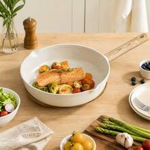 Ecook 28cm Aluminum Frying Pan With Ceramic Coating And Wood-Effect Handle, Non-Stick Cookware For Sautéing And Frying, Cream And Beige Color - View 3