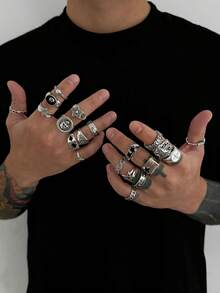 20pcs Fashion Street Punk Style Skull & Star Rings Set, Men's Daily Casual Wear - Antique Silver - View 3
