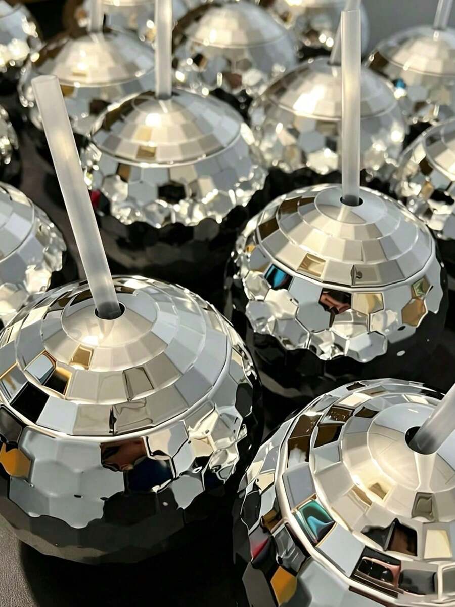 Disco Ball Cup, Beverage Cup With Straw, Silver, Metallic Foil Colorful Graduation Anniversary Bachelorette Party Birthday Disco Cup, Suitable For Parties, Graduation Parties (Straw Not Included) - Multicolor - View 1