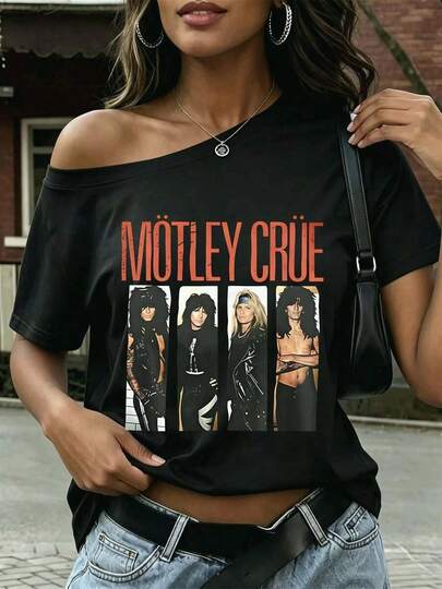 Motley Crue Band Print Vintage Rock Tee Summer Casual Women Streetwear Off Shoulder Short Sleeve Graphic T Shirt