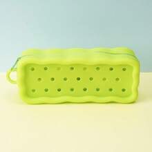 1pc Solid Color Silicone Pencil Case, Rectangular Zipper Pencil Pouch With Perforated Round Holes, Wavy Edge And Carrying Loop, Stationery Storage Bag For Desk Organization And Daily Use - Multicolor - View 12
