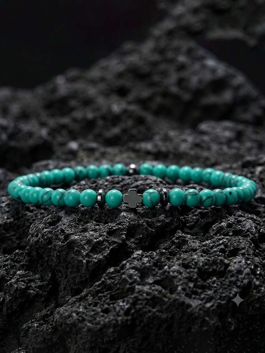 diffone 4mm Natural Stone Bracelet, Men's Hematite Cross & Seed Bead, Boyfriend Gift, Yoga Accessory - Blue - View 1
