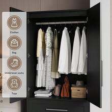 Armoire Wardrobe Closet With 2 Drawers, Bedroom Clothing Storage Cabinet With Shelves And Aluminum Hanging Rod, Freestanding Clothes Organizer With Magnetic Door Catch - Black - View 4