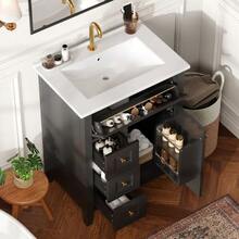 61 Cm Freestanding Bathroom Vanity, Glossy Green Lacquer, With Flip-Down Drawer, Two Sliding Drawers And A Single Door With Shelves – Faucet Not Included - Black - View 12