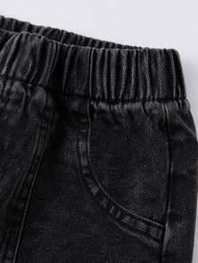 2pcs/Set Celana Jeans Denim Anak Perempuan, Dua Pilihan Warna, Pinggang Elastis, Belahan di Bagian Bawah, Hiasan Pita, Model Kaki Melebar - MultiWarna - View 4