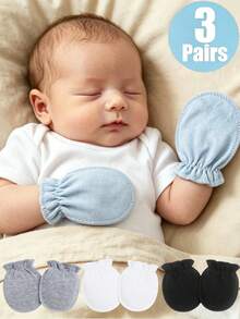 1/3 Pairs Solid Color Newborn Baby Mittens, All-Season Anti-Scratch Baby Accessories - Multicolor - View 1