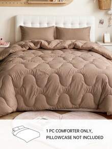 HONEYMOON 1pc Wavy Stitch Quilted Comforter, Polyester Fabric, Solid Color, Soft & Breathable, Wrinkle-Resistant, Down Alternative Bedding, T Q K Size, Suitable For Home And Dorm, Khaki - Khaki - View 3