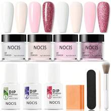 NOCIS Dip Powder Nail Kit - 4 Color Starter Set With Nude, Pink, Glitter & White, Plus Base, Top Coat & Activator Liquid, Nail Buffer, Brush & File - Acrylic Dipping System For DIY Manicure, Unscented, No Power Needed. - Multicolor - View 10