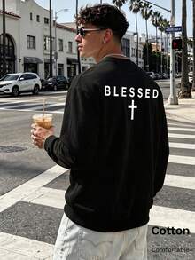 Autumn 's Crew Neck Pullover With Blessed Cross Print Long Sleeve Cotton Y2K - Black - View 4