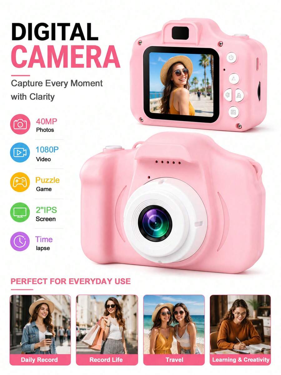 Kamera Digital 1080P dengan Layar 2 Inci, Hadiah Natal, Ulang Tahun, dan Festival, Kamera Hadiah Lucu dan Portabel untuk Pria dan Wanita, Baterai 150mAh - Berwarna merah muda - View 1