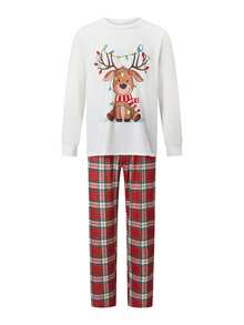 Matching Christmas Pajamas For Family Reindeer Print Tops + Plaid Pants - White - View 4