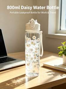 Daisy Pattern Transparent Water Bottle, Leakproof Portable Drinking Bottle With Straw & Lanyard, Reusable Clear Cup For Daily Use, Halloween, Christmas, Back-To-School Essential - Multicolor - View 13