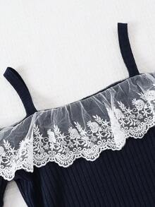 Autumn/Winter Girls Fashion Elegant Lace Trim Patchwork Spaghetti Strap Off-Shoulder Petal Sleeve Dress - Royal Blue - View 4