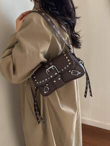 1 buah Tas Selempang/Tas Bahu Gaya Punk Cokelat Tua dengan Hiasan Paku Keling Bulat Perak, Gesper Logam di Bagian Depan, Desain Pita Berpaku Keling pada Tali dan Sisi, Memberikan Nuansa Manis & Keren yang Kuat, Cocok untuk Gaya Pakaian Y2K, American Vintage, dan Lainnya, Bahan PU - Coffee Brown - View 2