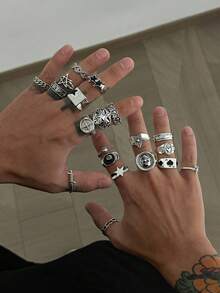 20pcs Fashion Street Punk Style Skull & Star Rings Set, Men's Daily Casual Wear - Antique Silver - View 2