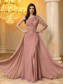 長袖水晶裝飾開衩肩帶洋裝 - 藕粉色 - 查看 4