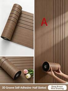3 Meters/Roll 3D Grooved Self-Adhesive Wall Panel Roll, Brushed Wood Grain & Herringbone Texture Peel And Stick Decorative Wall Sticker, Suitable For Home Living Room Bedroom Renovation - Upgraded Version - View 6