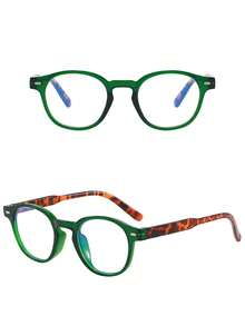 1 Pair Women's Round Color-Block Bohemian Style Fashion Clear Lens Glasses, Suitable For All Face Shapes, Daily Office, Street Snapshot Decoration, Transparent Eyewear Accessory - Green Flat - View 2