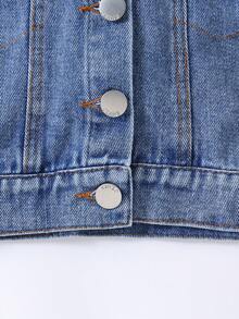 Girls' Short Denim Jacket With Double 3D Bow Back Decor, Turn-Down Collar And Single-Breasted Buttons - Medium Wash - View 6
