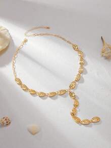 1pc European And American Vintage Textured Hammered Asymmetric Oval Metal Pendant Y-Shaped Collarbone Chain Niche High-End Long Necklace - Gold - View 3