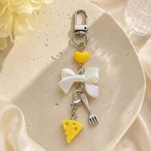 1pc/2pcs Women's Food-Inspired Imitation Cheese Resin Pendant Heart Beads Bow Fork Charm Keychain Gift For Friends Besties Cute Bag Accessory - Multicolor - View 4