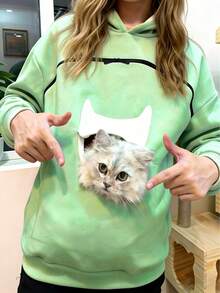 Women's Green Kangaroo Pocket Pet Pocket Sweatshirt, Warm Lining Pullover, Long Sleeve, Regular Fit, With Front Pocket Casual - View 2