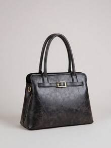 Retro-Style Distressed Black PU Square Handbag With A Straight Strap And Metal Buckle Featuring A Minimalist Design. Ladies' Tote Bag A Crossbody Bag - Black - View 2