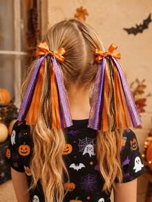 2pcs Girls Halloween Colorful Orange Ribbon Headbands, Lace Beaded Hair Accessories, Children's Hair Decorations, Carnival Party Gifts - Orange - View 2