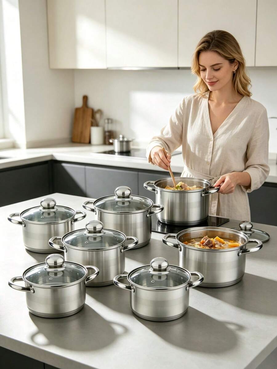 1 Pc Stainless Steel Double‑Handle Deep Stock Pot, 0.6L‑10.2L, With Glass Lid, Composite Multi‑Layer Thickened Pot Bottom, Compatible With Gas And Induction Cooker, Suitable For Cooking Soup And Stewing All Kinds Of Ingredients In Household Kitchen - View 1