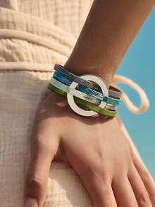 Gelang Kulit PU Multilayer, Gelang Manset Pergelangan Tangan dengan Gesper Magnet Lingkaran Berongga - Gelang kulit bundar berongga - View 21