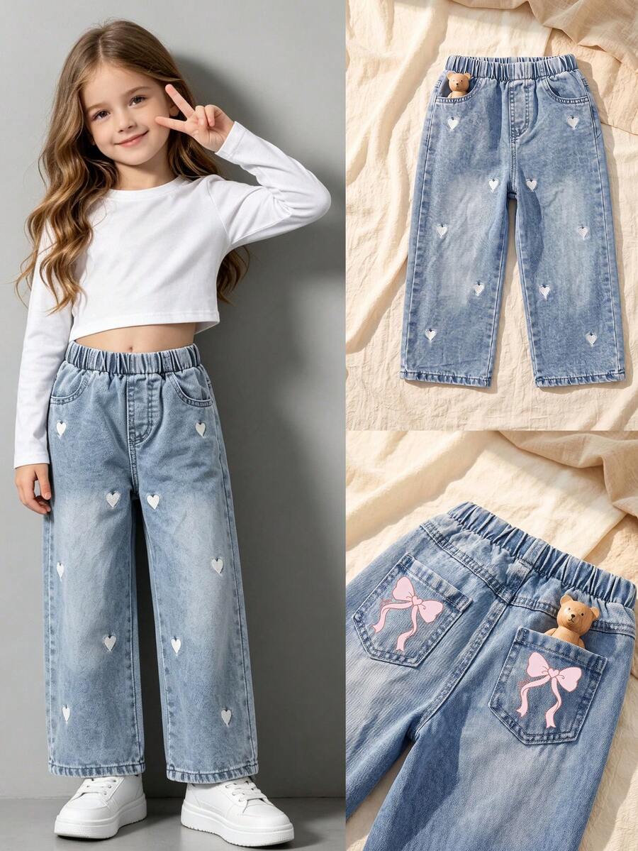 Young Girls Y2K Style Autumn/Winter Heart Embroidery Straight Leg Jeans With Back Pocket Bow Print, Versatile Casual Vintage Wide Leg Pants For Back To School And Daily Wear - Light Wash - View 1