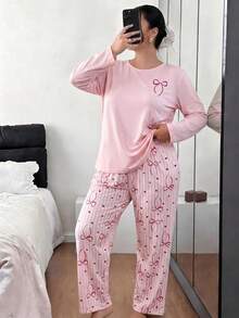 Women's Plus Size Pajama Set, Striped Bow Print, Long Sleeve Long Pants Loungewear Set, Autumn/Winter Clothing - Pink - View 3