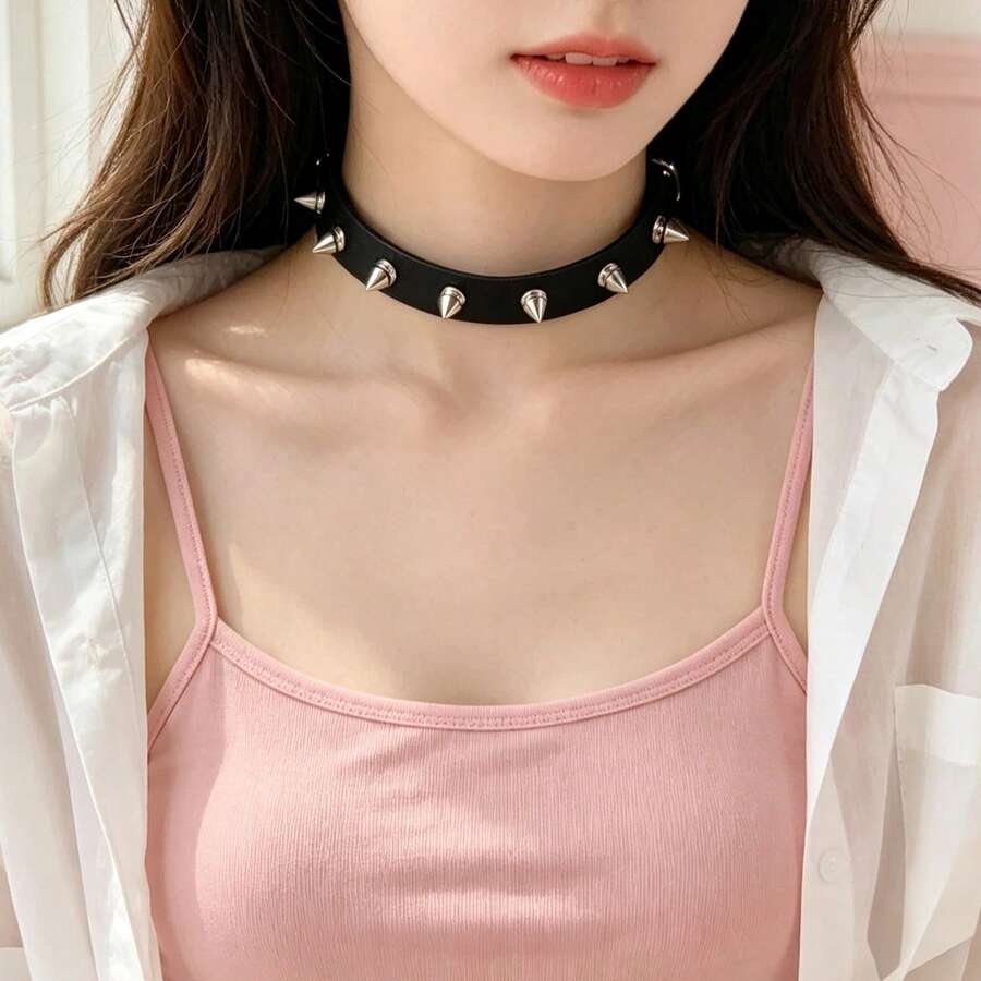 1pc Black Rivet PU Leather Choker, Adjustable Size, Music Festival Street Style Outfit, Carnival Sexy Personalized Necklace, Halloween - Multicolor - View 1