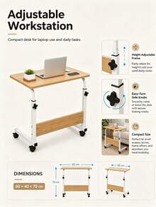 Adjustable Mobile Laptop Side Table, Height Adjustable With Lockable Wheels & Sturdy Wood Tabletop, Multipurpose Overbed Workstation For Bedroom, Sofa, Home Office & Dorm, Ideal For Students, Remote Workers & Small Space Users - Multicolor - View 4