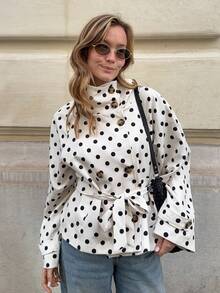 Women's Polka Dot Drawstring Loose Windbreaker Jacket, Casual Wear For Autumn & Winter Vacation - Apricot - View 7