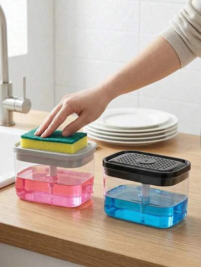 Kitchen Dish Soap Dispenser, Dish Soap Sponge Holder & Sponge, Dish Soap Dispenser, Space-Saving Kitchen Sink Organizer, Suitable For Home Cleaning, Kitchen Accessories, Kitchen Storage, Bathroom Accessories, Cleaning Sponge