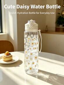 Daisy Pattern Transparent Water Bottle, Leakproof Portable Drinking Bottle With Straw & Lanyard, Reusable Clear Cup For Daily Use, Halloween, Christmas, Back-To-School Essential - Multicolor - View 14