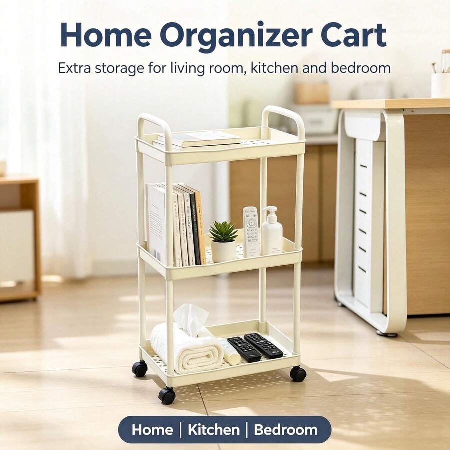 3-Tier Rolling Storage Cart With Wheels, Multi-Functional Storage Rack With Handle, Space-Saving Storage Rack With Silent Wheels + Top Handle, Plastic Mobile Storage Rack Suitable For Kitchen, Bathroom, Office, Bedroom, Lightweight Multi-Functional Cart, Home, Office, Bathroom Universal - Cream White 3-tier Hollow Mobile Storage Trolley - View 1