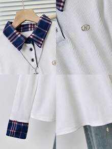 女款 Polo 領 2 合 1 格紋拼接長袖 T 恤修身顯瘦上衣 - 白色 - 查看 8