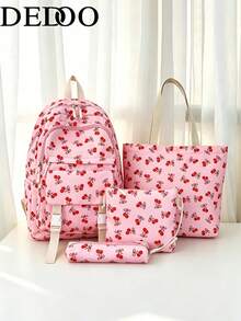 Dedoo 4pcs Backpack Tote Bag Storage Bag Pencil Case Set, All-Over Red Cherry Print, No Pendant Multi-Zipper Compartments, Suitable For Teenage Girls School Daily Summer Travel - Multicolor - View 2
