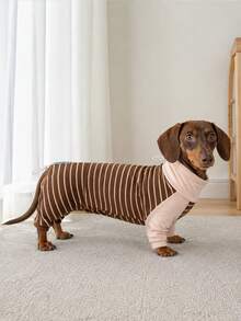 1pc Classic Striped Dachshund Pajamas, Adjustable Neck And Back Drawstring, Soft High Elasticity Warm Dachshund , Anti-Shedding Sleepwear, Suitable For Dackel Teckel Dogs And Wiener Dogs - Khaki - View 10