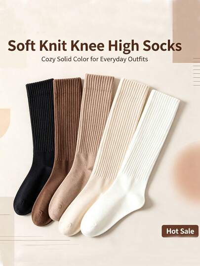 1/5 Pairs Women Multi Solid Color Rib Knit, Stretchy Soft Breathable, Minimalist Casual Style Mid‑Calf Socks, Halloween, Christmas Party