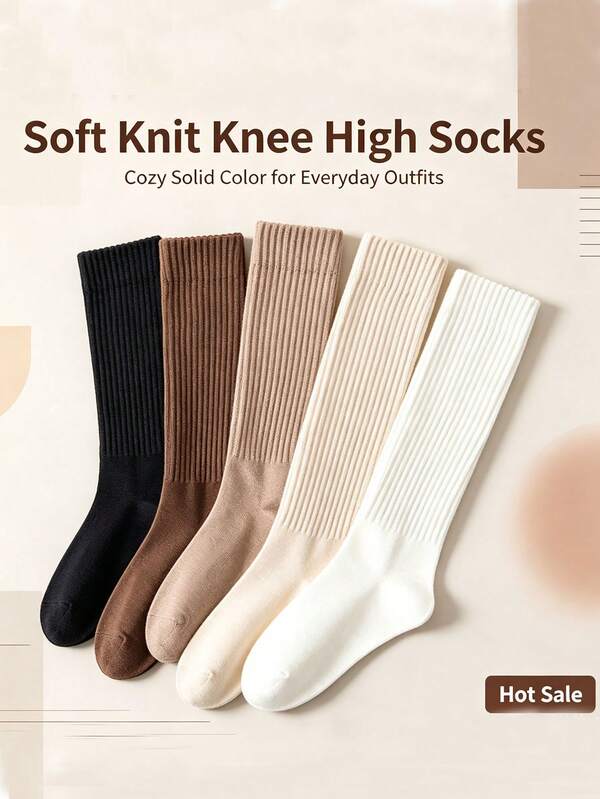 1/5 Pasang Kaos Kaki Rajut Rib Warna Solid Multi Warna untuk Wanita, Elastis, Lembut, Bernapas, Gaya Kasual Minimalis, Panjang Setengah Betis, Cocok untuk Halloween dan Pesta Natal