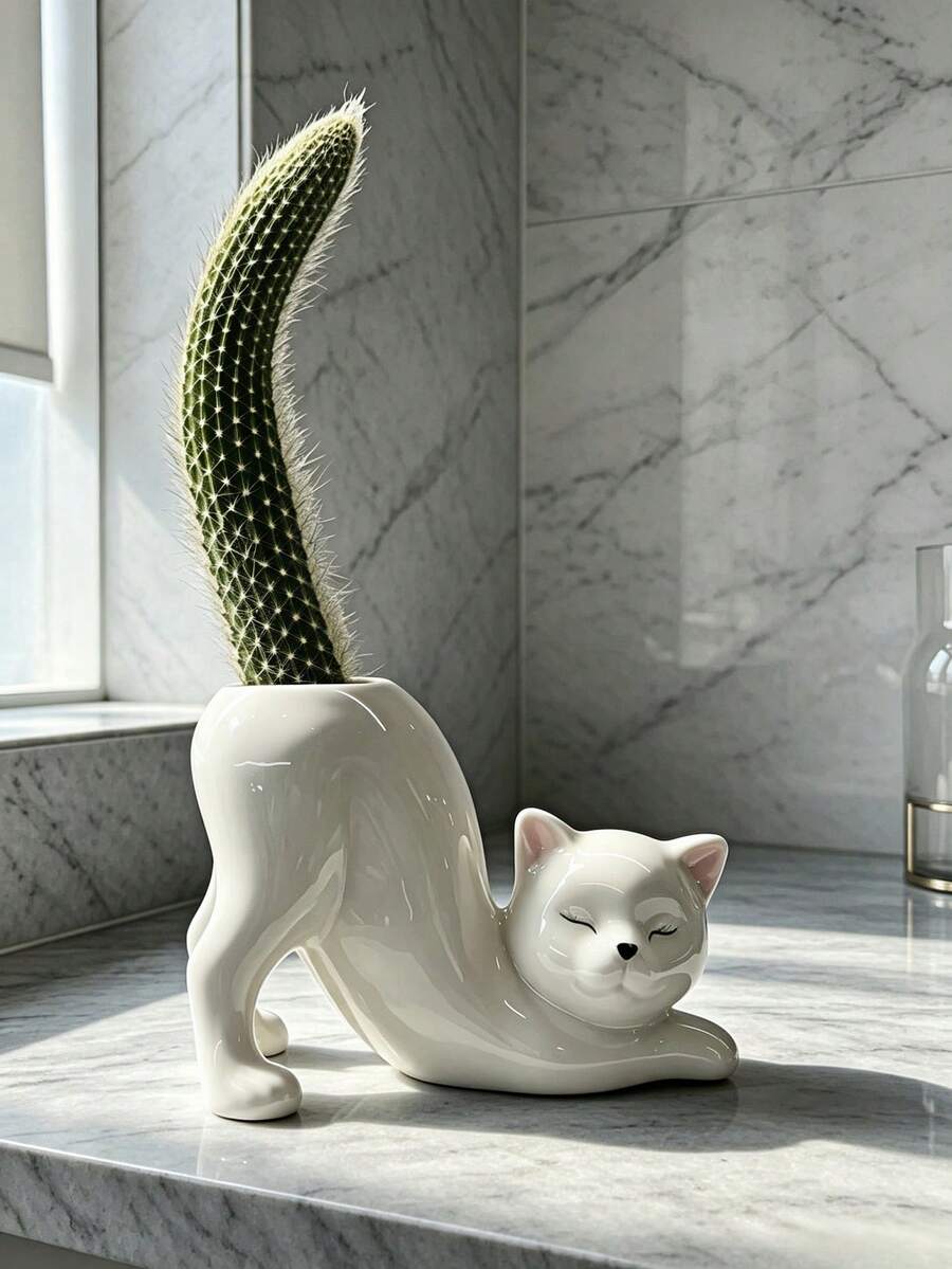 1‑Piece Aesthetic Cat‑Shaped Creative Imitation‑Tail Design Multi‑Functional Decorative Vase, Suitable For Desktop, Home And Room Decoration - Lying Cat - View 1