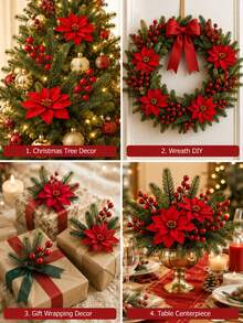 Artificial Christmas Poinsettia Bouquet DIY Set, Includes Red Berry Branches And Greenery, Holiday Floral Decoration, Suitable For Tabletop, Christmas Tree And Wreath - Multicolor - View 7