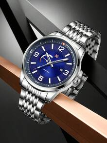 NSNEVER STOP NS Round Steel Band Business Casual Quartz Men's Wristwatch With Rotating Crown, Folding Clasp, Suitable For Daily Commute And Multiple Holiday Gift-Giving, Gift Box Included - Silver - View 5