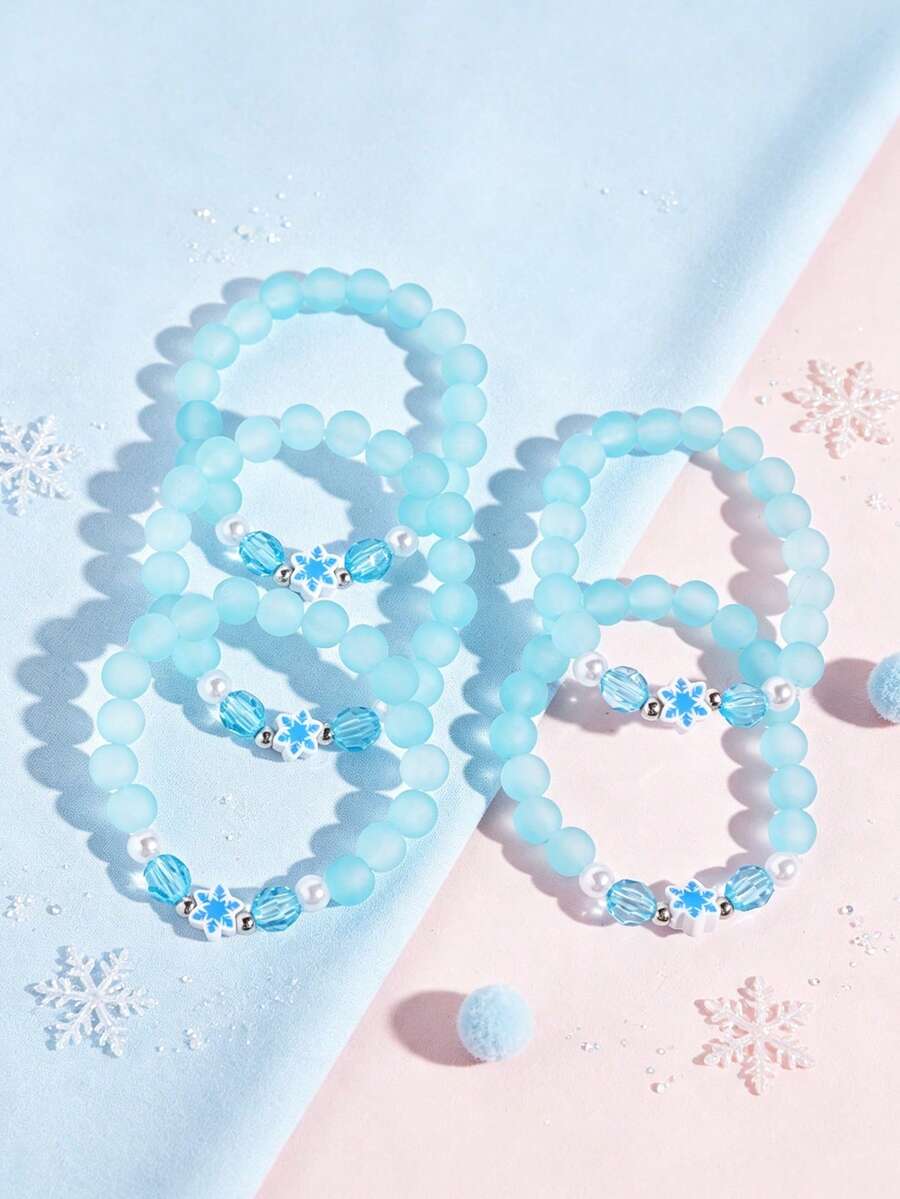 5pcs/Set Cute Soft Clay Snowflake Hanging Decor Blue Crystal Beaded Bracelet Set, Suitable For Daily Wear, Party Gifts - Multicolor - View 1