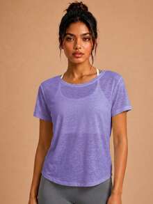 Never me Women's Soft Pilates Yoga Sports Top, Short Sleeve Comfortable Daily Solid Color Backless Twist T-Shirt - Purple - View 5