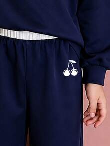 Young Girl Cherry Print White Collar Pullover Warm Sweatshirt And Pants Set - Royal Blue - View 4